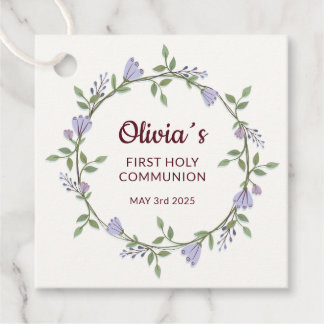 Purple flowers Wreath First Communion Favor Tags