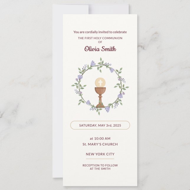Purple flowers Wreath First Communion Invitation (Front)