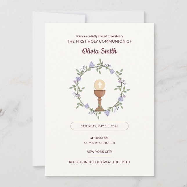 Purple flowers Wreath First Communion Invitation (Front)