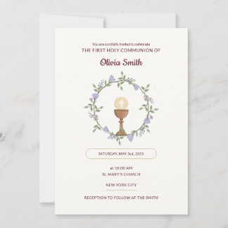 Purple flowers Wreath First Communion Invitation