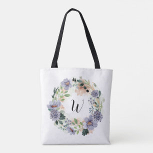 Purple Flowers Wreath Monogram Tote Bag