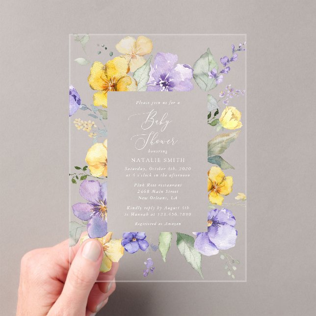 Purple Flowers, Yellow Flowers, Boho, Baby Shower Acrylic Invitations (Insitu (Handheld))