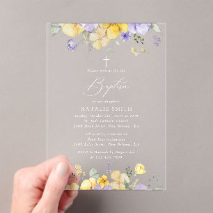 Purple Flowers, Yellow Flowers, Boho, Baptism Acrylic Invitations