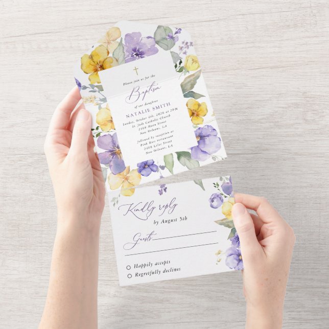 Purple Flowers, Yellow Flowers, Boho, Baptism All In One Invitation (Tearaway)