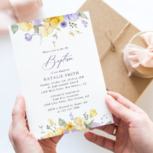 Purple Flowers, Yellow Flowers, Boho, Baptism Invitation