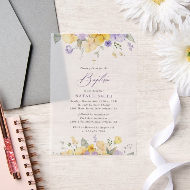 Purple Flowers, Yellow Flowers, Boho, Baptism Vellum Invitations (Wedding)