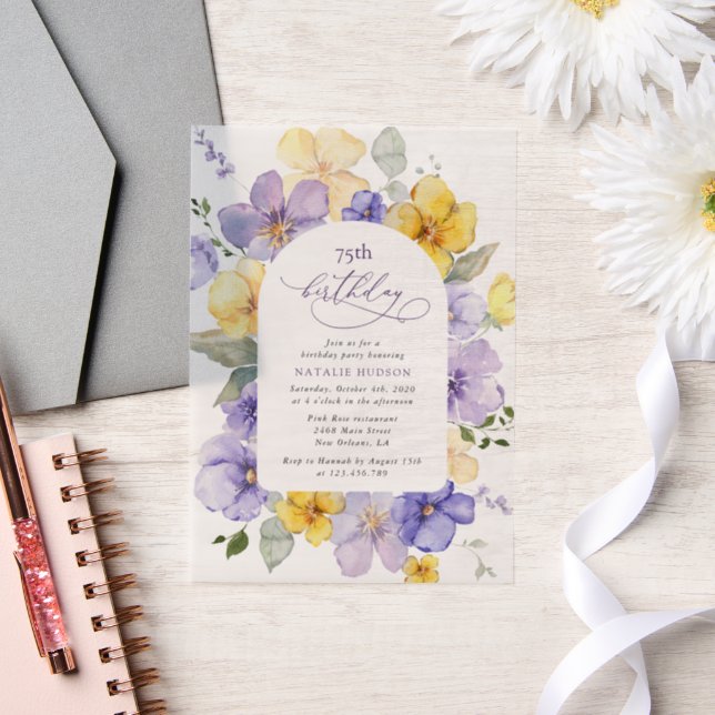 Purple Flowers, Yellow Flowers, Boho, Birthday Vellum Invitations (Wedding)
