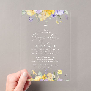 Purple Flowers, Yellow Flowers, Boho, Confirmation Acrylic Invitations
