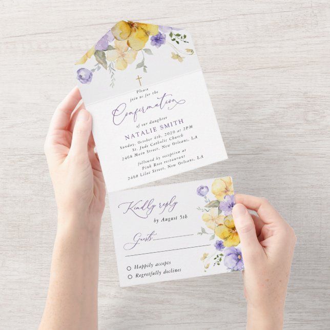 Purple Flowers, Yellow Flowers, Boho, Confirmation All In One Invitation (Tearaway)