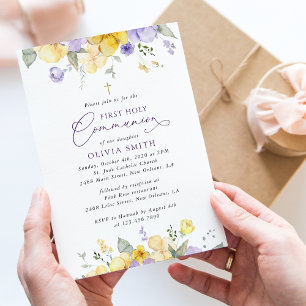 Purple Flowers, Yellow Flowers, Boho, Confirmation Invitation