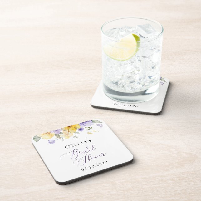 Purple Flowers, Yellow Flowers, Bridal Shower Beverage Coaster (Right Side)