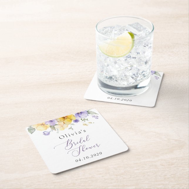Purple Flowers, Yellow Flowers, Bridal Shower Square Paper Coaster (Insitu)