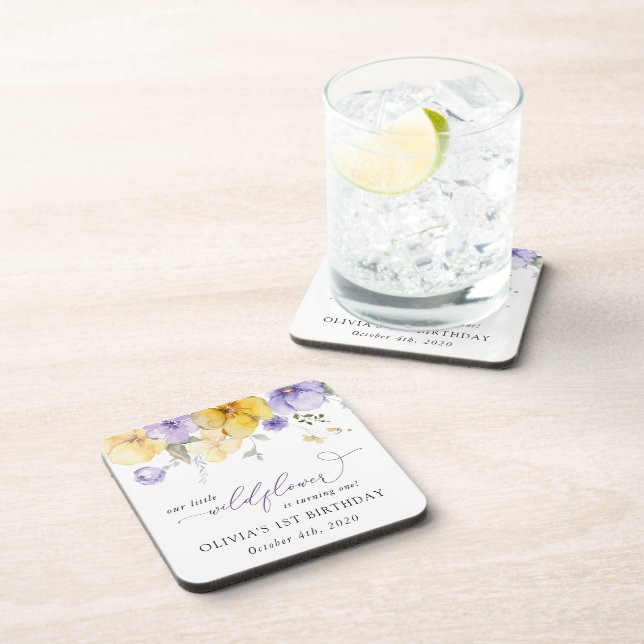 Purple Flowers, Yellow Flowers, First Birthday Beverage Coaster (Right Side)