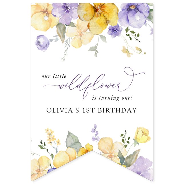 Purple Flowers, Yellow Flowers, First Birthday Bunting Flags (First Flag)