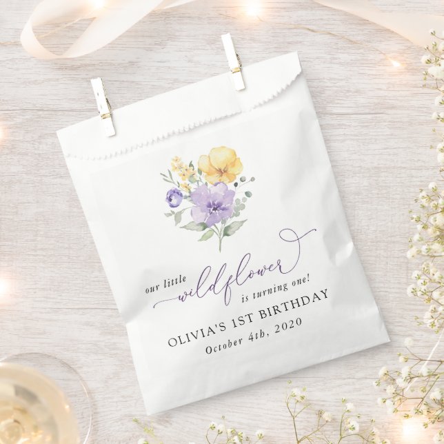 Purple Flowers, Yellow Flowers, First Birthday Favor Bag (Clipped)