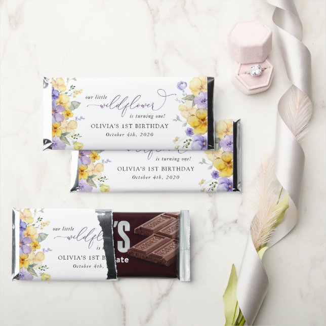 Purple Flowers, Yellow Flowers, First Birthday Hershey Bar Favors (Front)