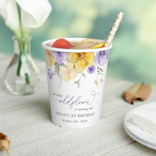 Purple Flowers, Yellow Flowers, First Birthday Paper Cups (Insitu)