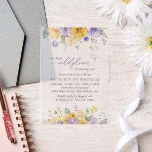 Purple Flowers, Yellow Flowers, First Birthday Vellum Invitations