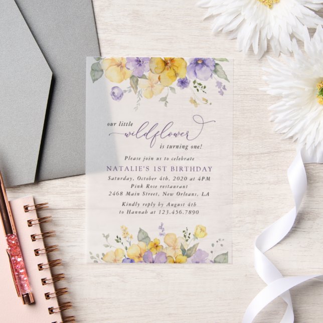 Purple Flowers, Yellow Flowers, First Birthday Vellum Invitations (Wedding)