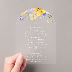 Purple Flowers, Yellow Flowers, First Communion Acrylic Invitations