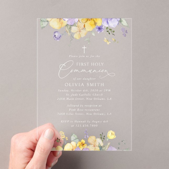 Purple Flowers, Yellow Flowers, First Communion Acrylic Invitations (Insitu (Handheld))