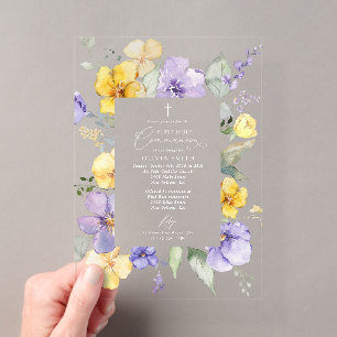 Purple Flowers, Yellow Flowers, First Communion Acrylic Invitations