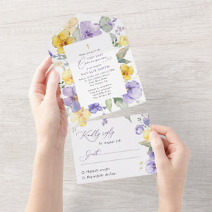 Purple Flowers, Yellow Flowers, First Communion All In One Invitation