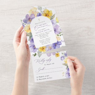 Purple Flowers, Yellow Flowers, First Communion All In One Invitation