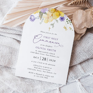 Purple Flowers, Yellow Flowers, First Communion Invitation
