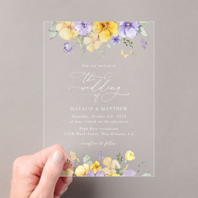Purple Flowers, Yellow Flowers, Greenery, Wedding Acrylic Invitations (Insitu (Handheld))