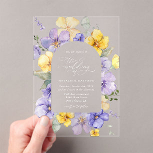 Purple Flowers, Yellow Flowers, Greenery, Wedding Acrylic Invitations