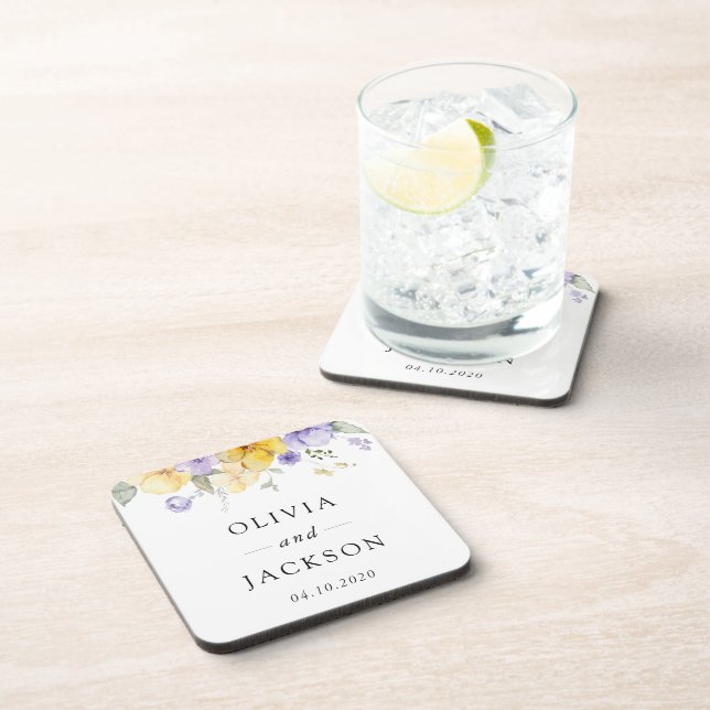 Purple Flowers, Yellow Flowers, Greenery, Wedding Beverage Coaster (Right Side)