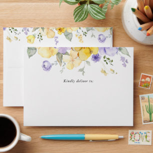 Purple Flowers, Yellow Flowers, Greenery, Wedding Envelope