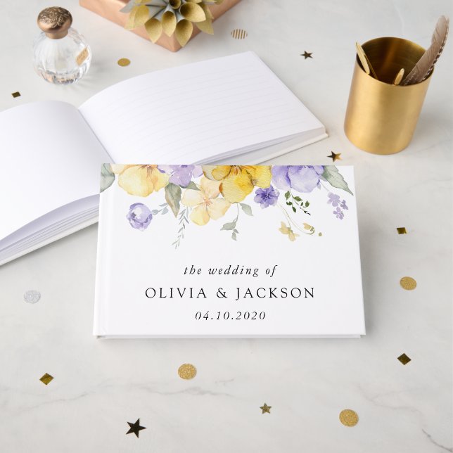 Purple Flowers, Yellow Flowers, Greenery, Wedding Guest Book (Front Open)