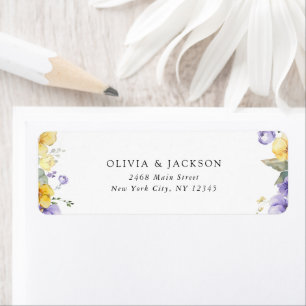 Purple Flowers, Yellow Flowers, Greenery, Wedding Label