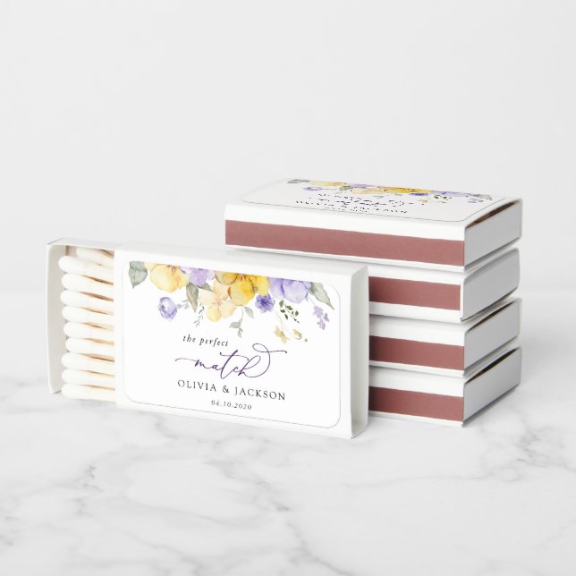 Purple Flowers, Yellow Flowers, Greenery, Wedding Matchboxes (Stacked)