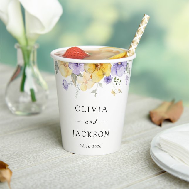 Purple Flowers, Yellow Flowers, Greenery, Wedding Paper Cups (Insitu)
