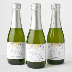 Purple Flowers, Yellow Flowers, Greenery, Wedding Sparkling Wine Label