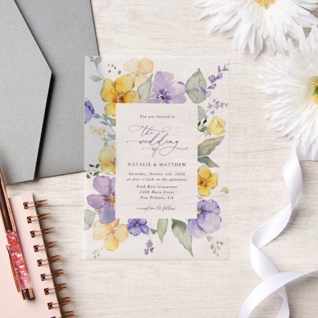Purple Flowers, Yellow Flowers, Greenery, Wedding Vellum Invitations (Wedding)