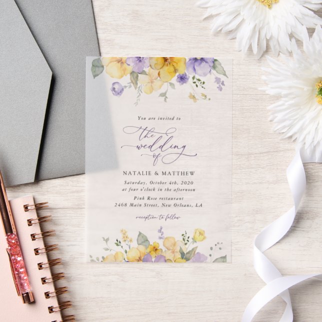 Purple Flowers, Yellow Flowers, Greenery, Wedding Vellum Invitations (Wedding)