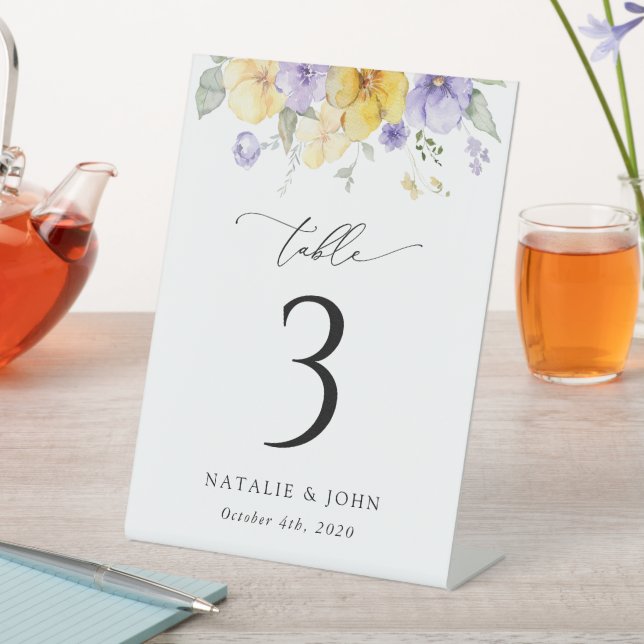 Purple Flowers, Yellow Flowers, Table Numbers Pedestal Sign (In SItu)