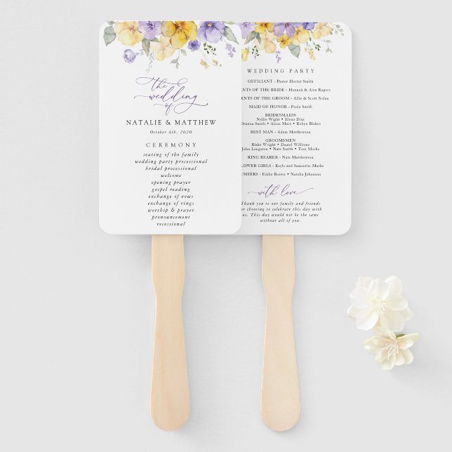 Purple Flowers, Yellow Flowers, Wedding Program Hand Fan (Front and Back)