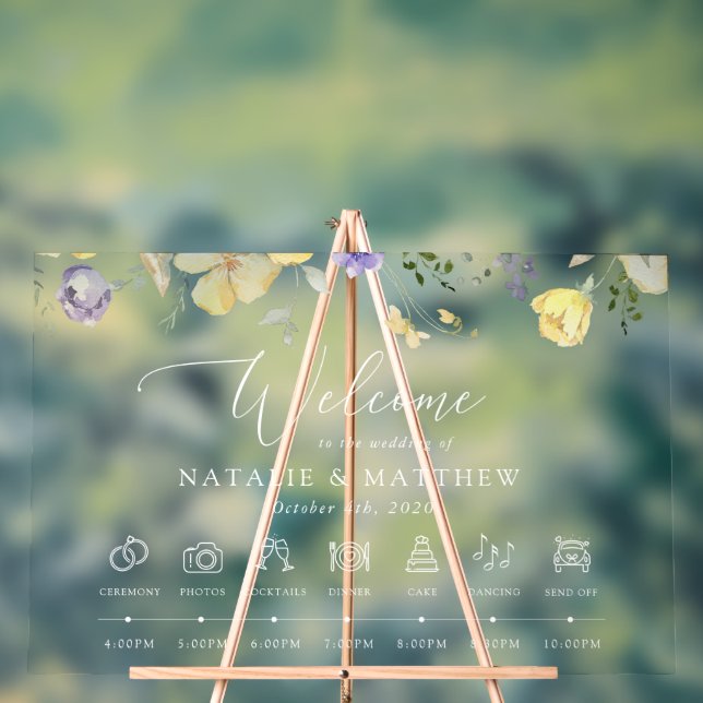 Purple Flowers, Yellow Flowers, Wedding Timeline Acrylic Sign (Neutral)