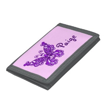 Purple flying stylized butterfly name purse tri-fold wallet