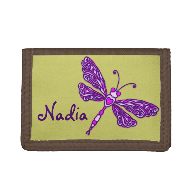 Purple flying stylized dragonfly name purse trifold wallet (Front)