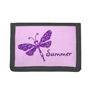 Purple flying stylized dragonfly name purse trifold wallet