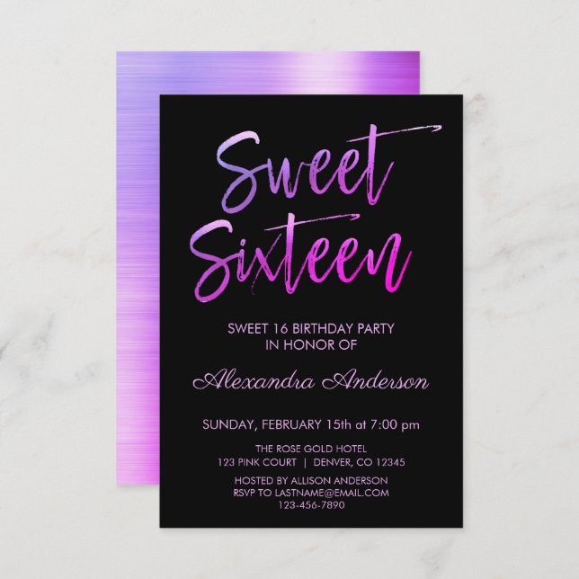 Purple Foil and Black Sweet Sixteen Birthday Invitation (Front/Back)