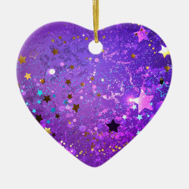 Purple foil background with Stars Ceramic Ornament (Front)