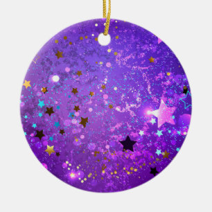 Purple foil background with Stars Ceramic Ornament