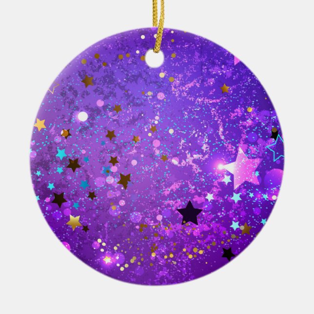 Purple foil background with Stars Ceramic Ornament (Front)